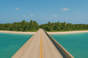 Tropical road leading to serene beach.