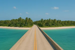 Tropical road leading to serene beach.