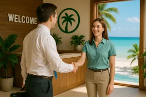 Business meeting in tropical setting.